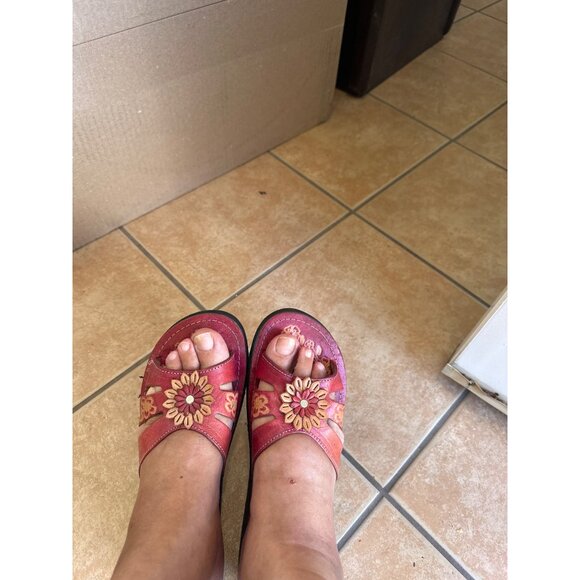 Bohemian Mexican Handmade Leather Sandals With Floral Embellishments Sz 9.5/10 - Picture 6 of 10